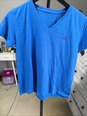 Ralph Lauren Women's Short Sleeve V-Neck Tee in Bright Blue with Pink Pony